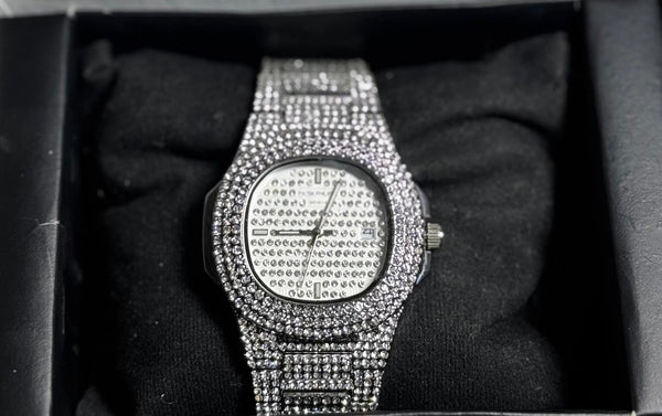 Silver Iced Out Nautilus Watch